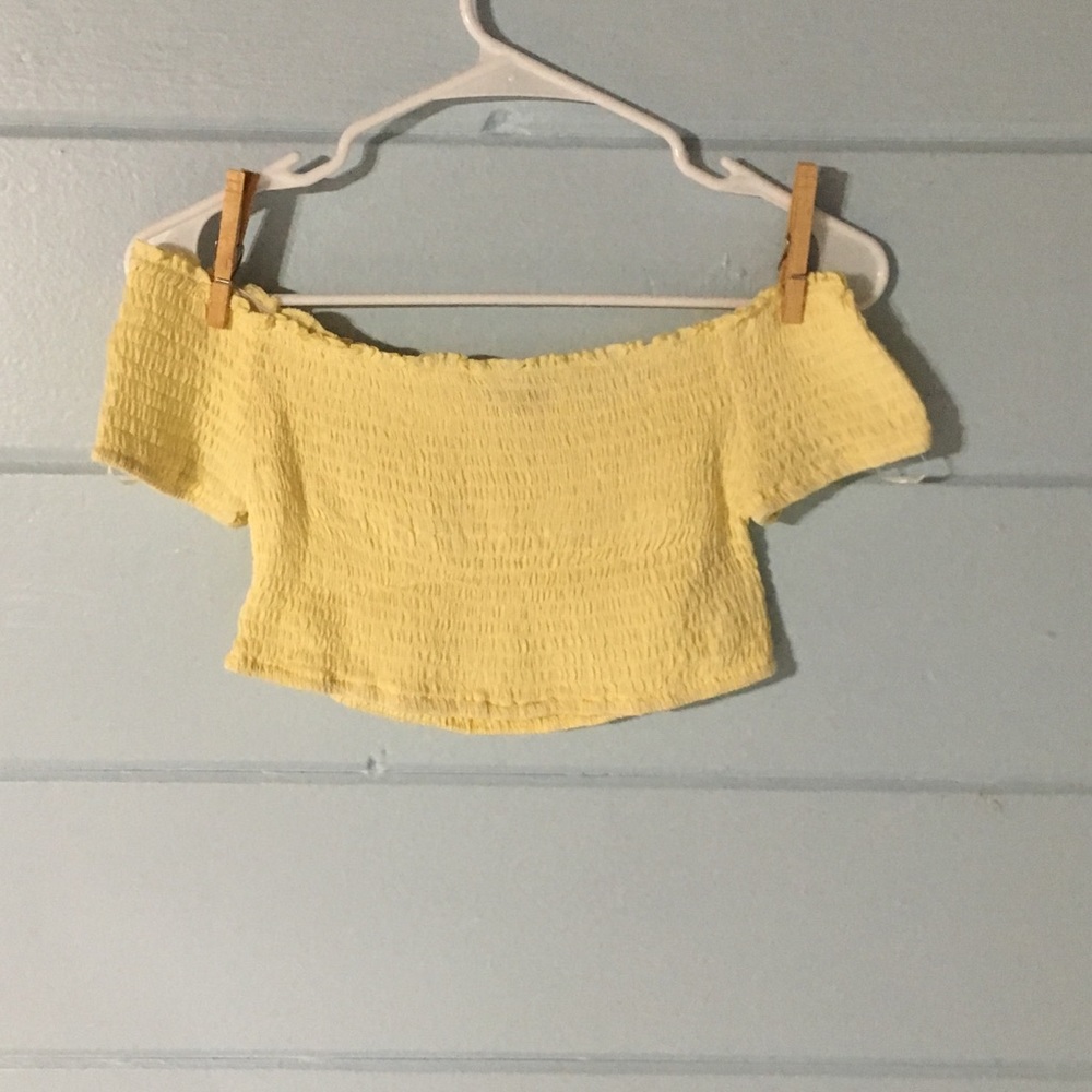 light yellow smocked off the shoulder crop top